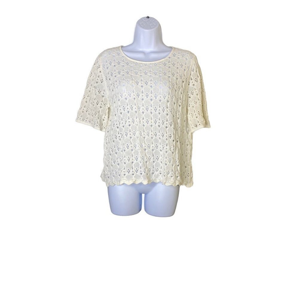 Loft Womens Blouse White Geometric Crochet Short Sleeve Scalloped Pullover M New